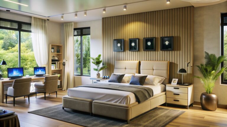 Modern bedroom with large bed, wooden wall and natural light